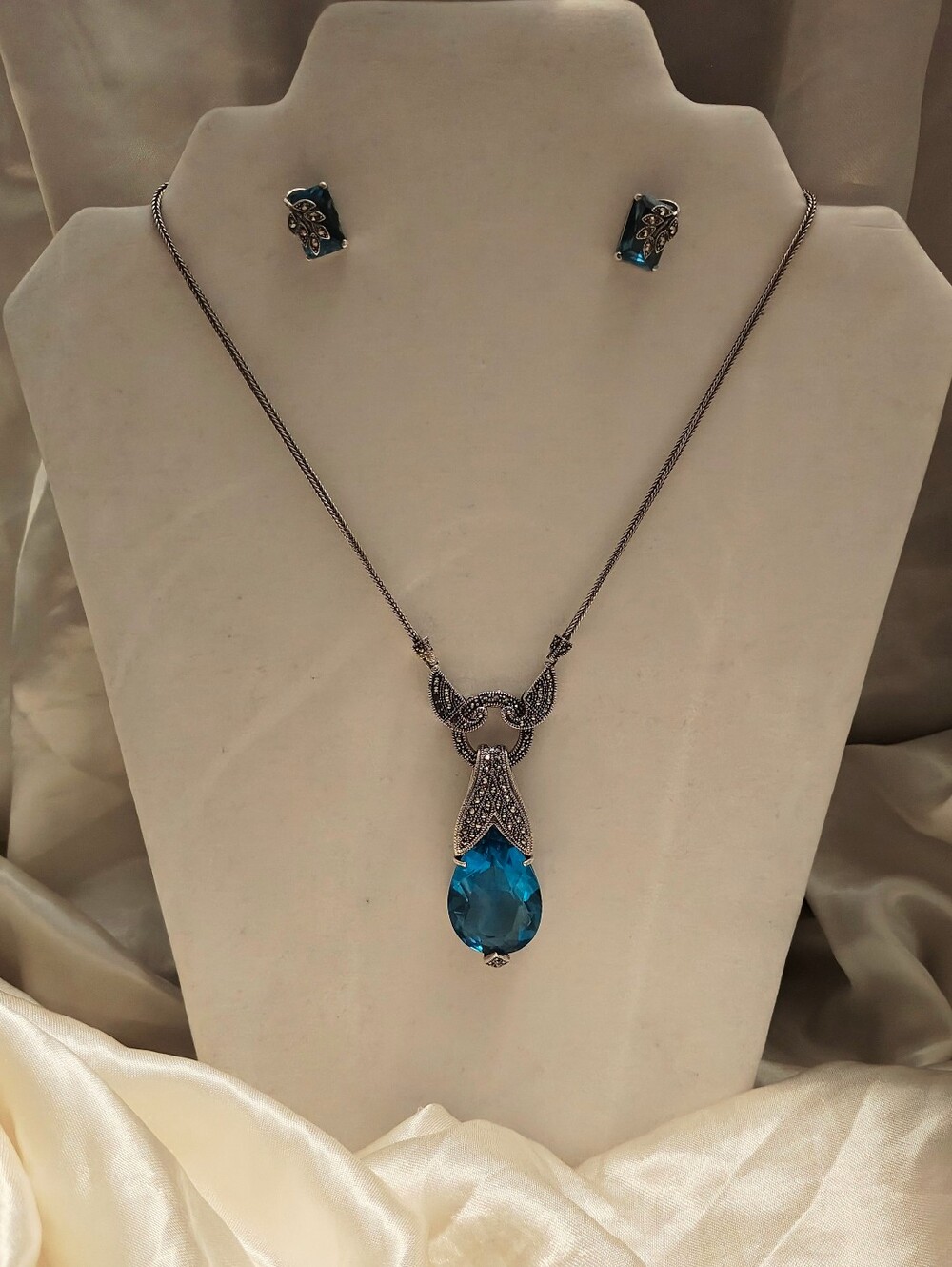 EXTRAORDINARY Art Deco Sterling Silver BlueTopaz&Marcasite Jewelry Set